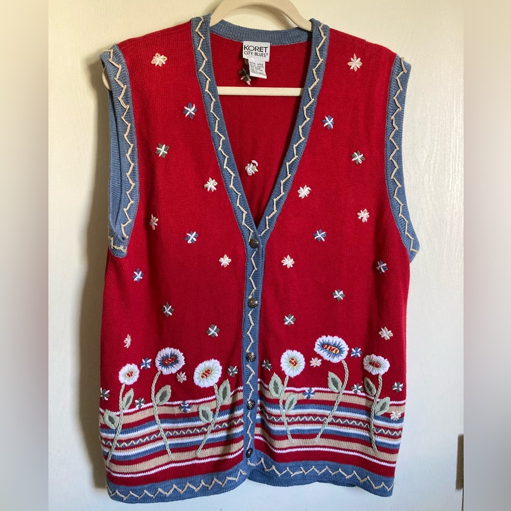 •Koret City Vintage 90’s Red Embroidered Floral Sleeveless Large Sweater Vest #R